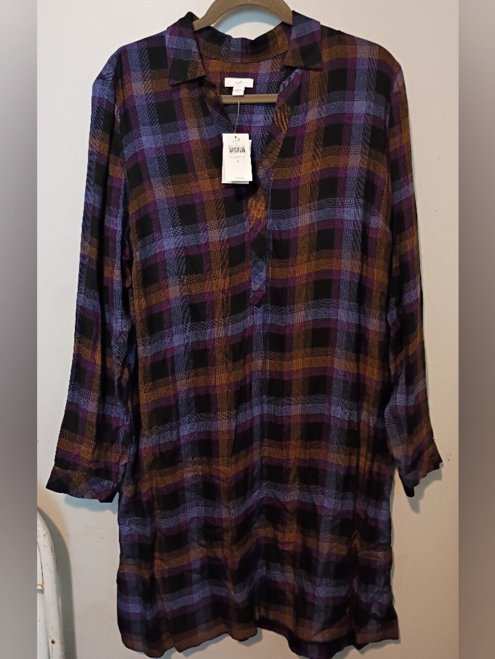 J. Jill Plaid Long-Sleeve Shirt Dress in Purple, Black & Brown